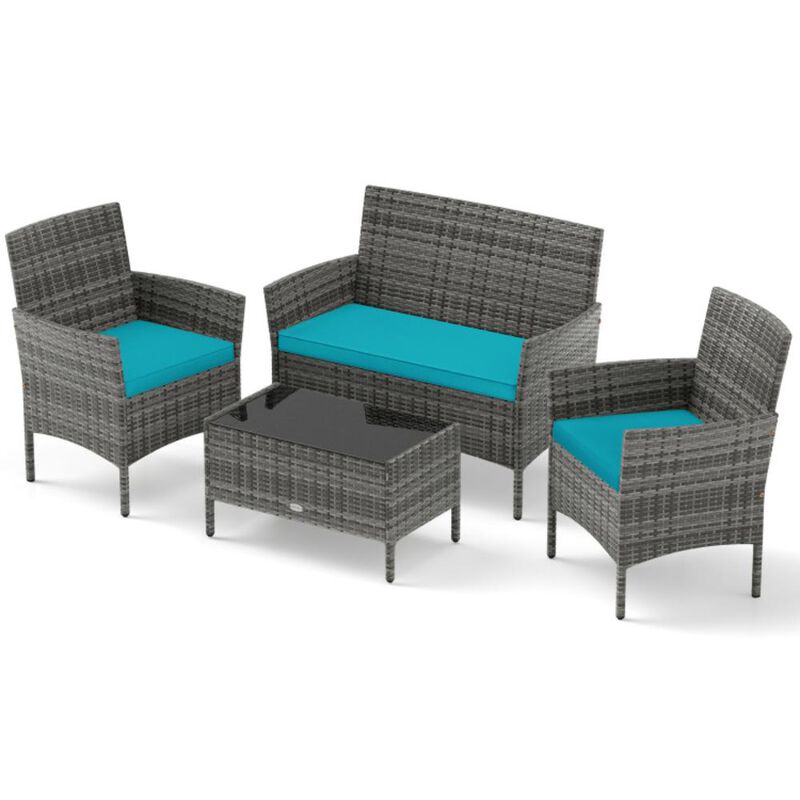 Hivvago 4 Pieces Patio Rattan Conversation Set with Tempered Glass Coffee Table-Red