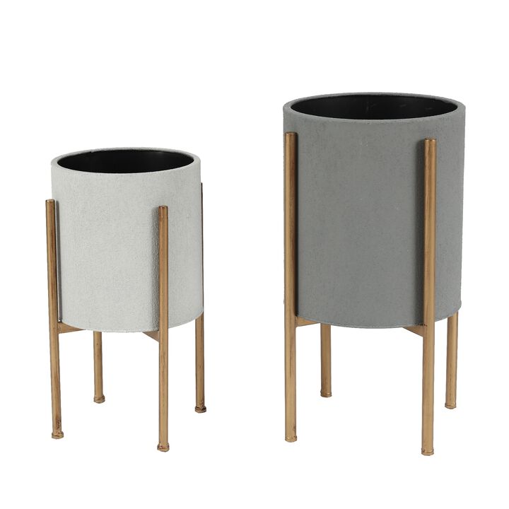 LuxenHome 2-Piece Gray Round Metal Cachepots and Gold Stand