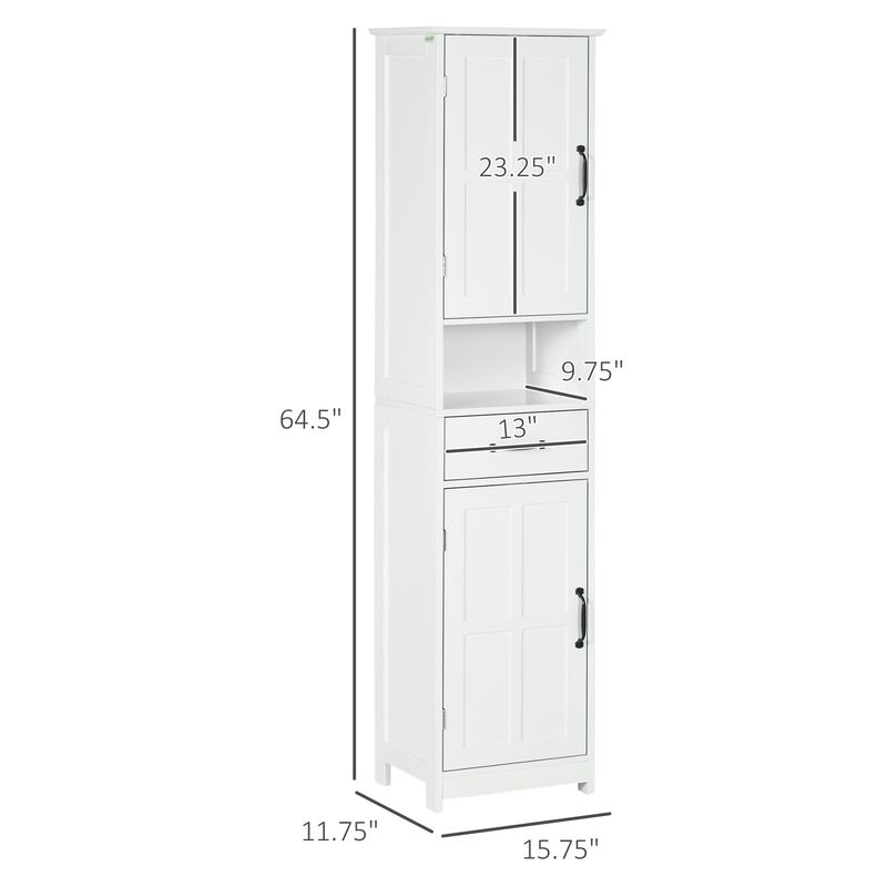 Modern Bathroom Cabinet, Narrow Storage Cabinet with Open Shelf, Drawer, Recessed Doors and Adjustable Shelves, White