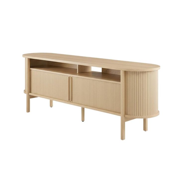 Curved TV Stand in Brown, Rubberwood Solids, Walnut Veneers, Stylish Storage