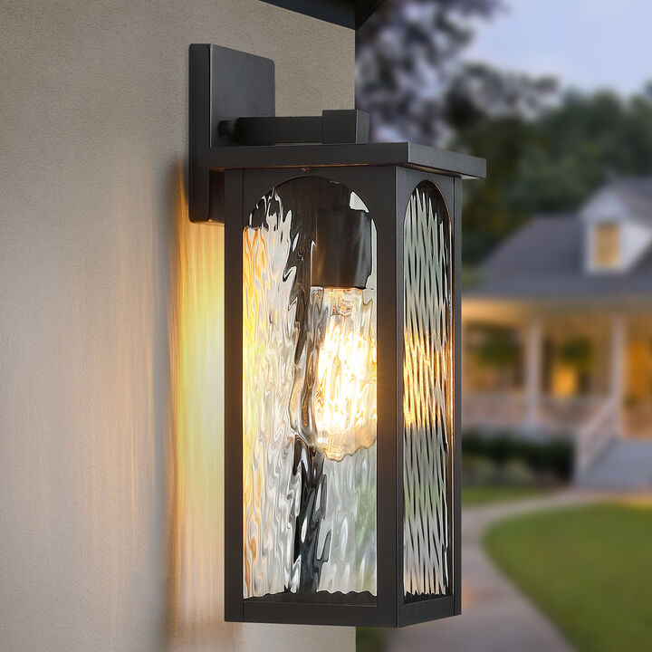 15" Modern Industrial Sand Black 1-Light Dimmable Outdoor Wall Lantern with Water-Ripple Glass