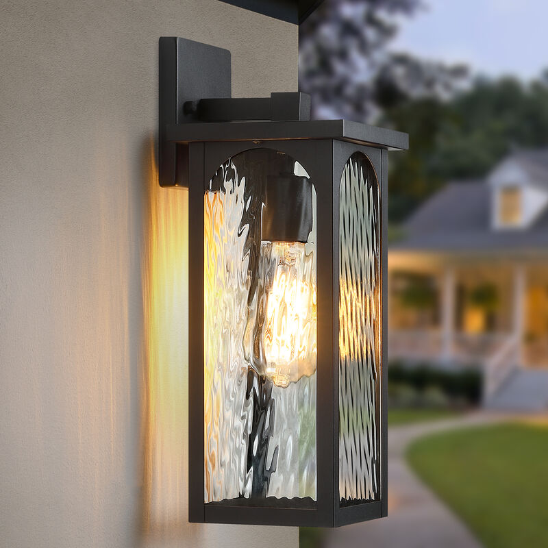 15" Modern Industrial Sand Black 1-Light Dimmable Outdoor Wall Lantern with Water-Ripple Glass image number 1