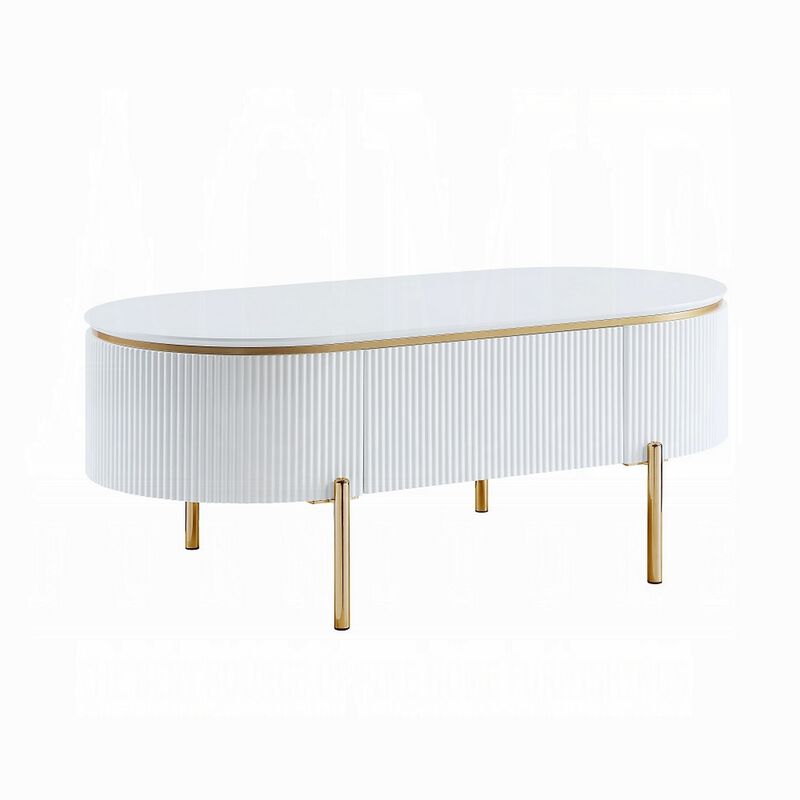 Tyce Oval Coffee Table with Drawer, 47 Inch, Glossy White, Gold Metal