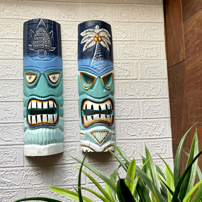 Set of 2 - 20" Blue & Green Tiki Masks Wood Wall Decor Indoor/Outdoor Accent image number 5