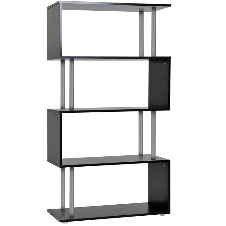 Modern Display Unit: Black 5-Tier S-Shaped Wooden Bookcase for Home/Office
