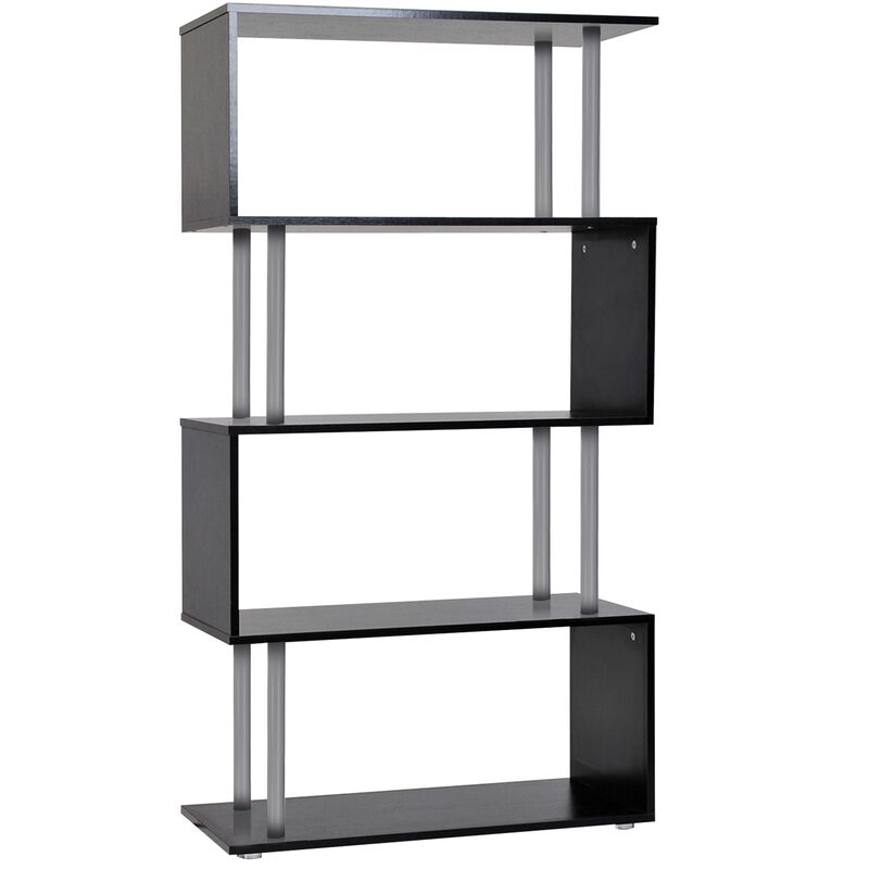Modern Display Unit: Black 5-Tier S-Shaped Wooden Bookcase for Home/Office