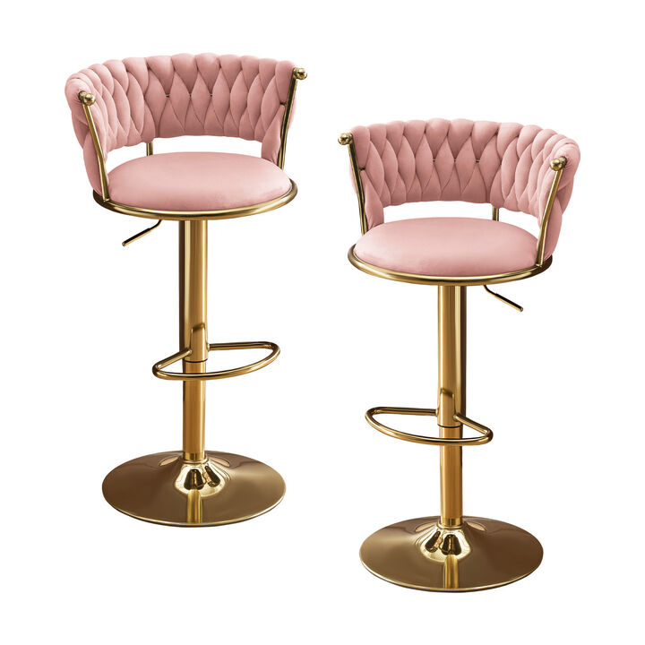 HomeRoots Set of Two Pink and Gold Velvet and Metal Low Back Adjustable Height Swivel Bar Chairs