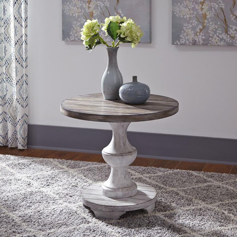Liberty Furniture Sedona Round End Table in Heavy Distressed White w/ Gravel Top image number 1