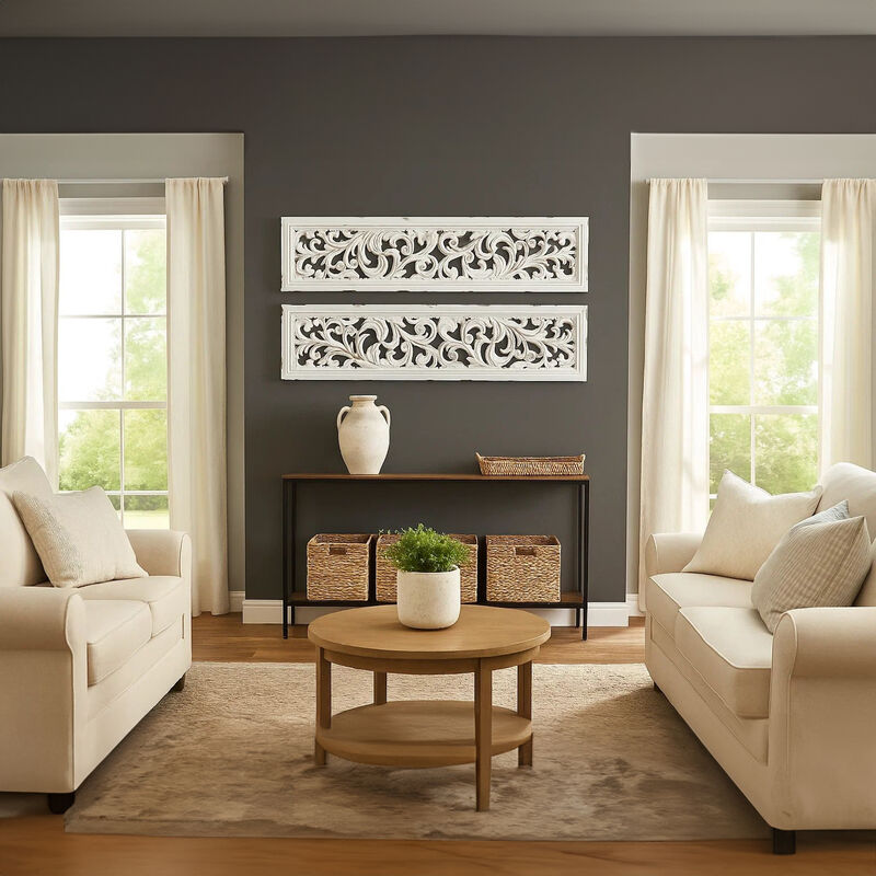 Ozy Carved Wall Art Panel Set of 2, Handcrafted Distressed White Mango Wood, 50 Inch Tall