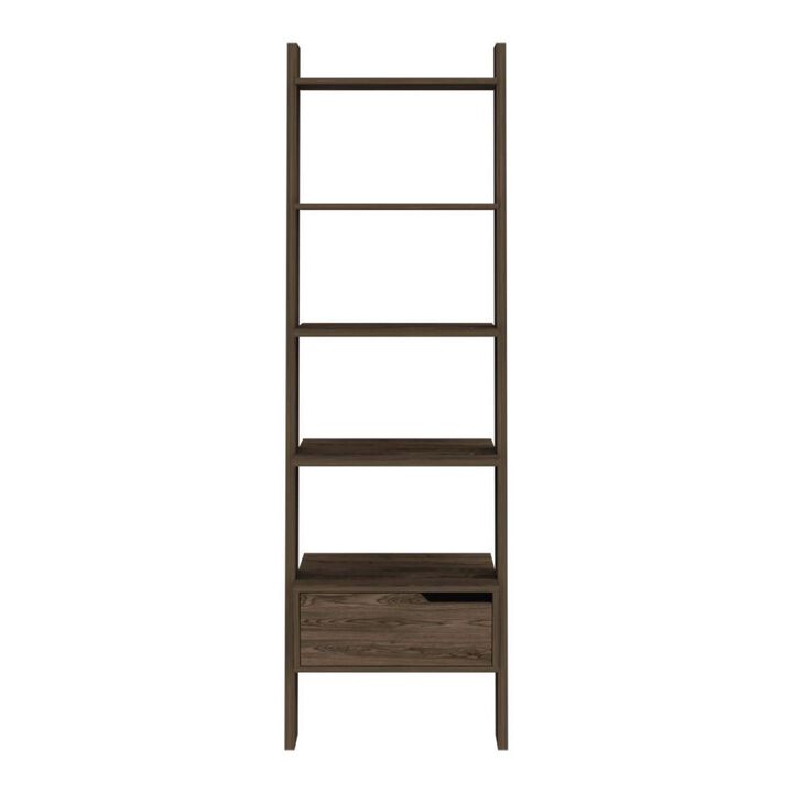 DEPOT E-SHOP Kobe Ladder Bookcase, One Drawer, Five Open Shelves, Four Legs- Dark Walnut, For Living Room
