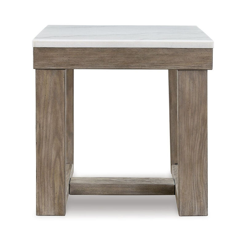 Aska Side End Table, Block Profile, Marble, 24 Inch Taupe Gray Wood