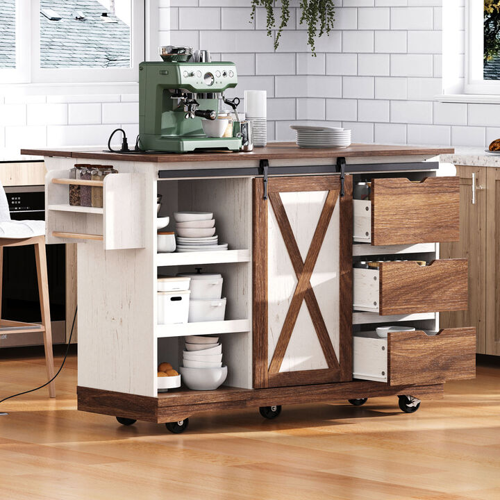 Whisen 55.5" Farmhouse Kitchen Island with 3 Drawers, Barn Door & Power Outlet, Engineered Wood for Kitchen & Dining Room