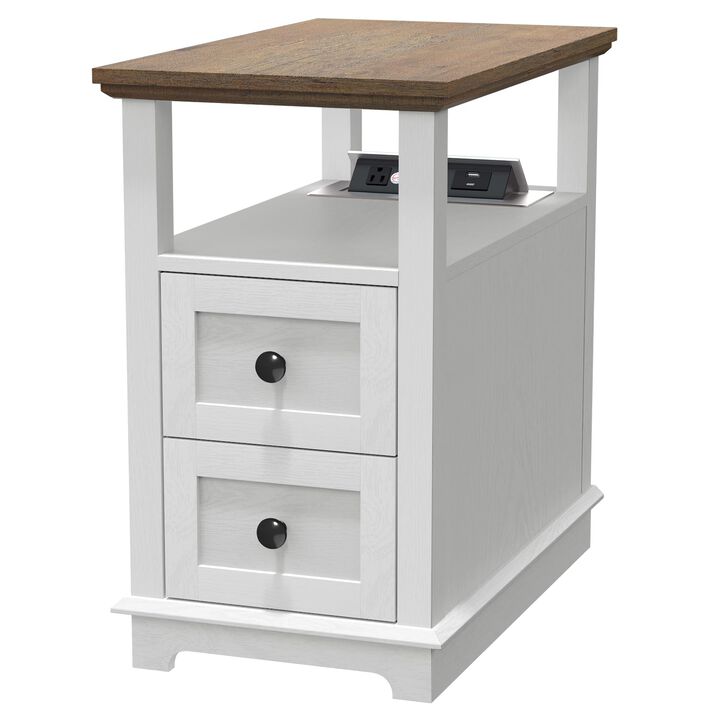 HIFYOBRO Narrow End Table with Flip Top Charging Station and 2 Drawers, Type-C & USB Port & Power outlets, Wooden Storage Cabine