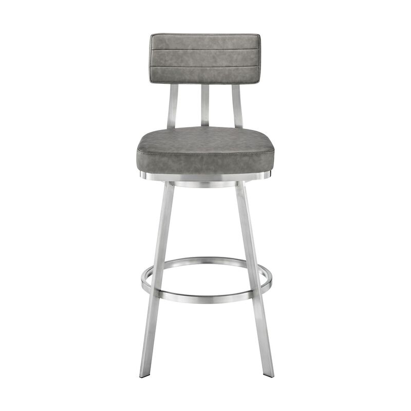Col 30 Inch Swivel Bar Stool, Gray Vegan Faux Leather, Stainless Steel Legs-Benzara image number 6
