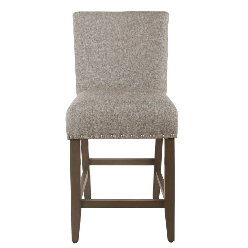 Fabric Upholstered Wooden Counter Stool with Striking Nail head Trims, Gray and Brown