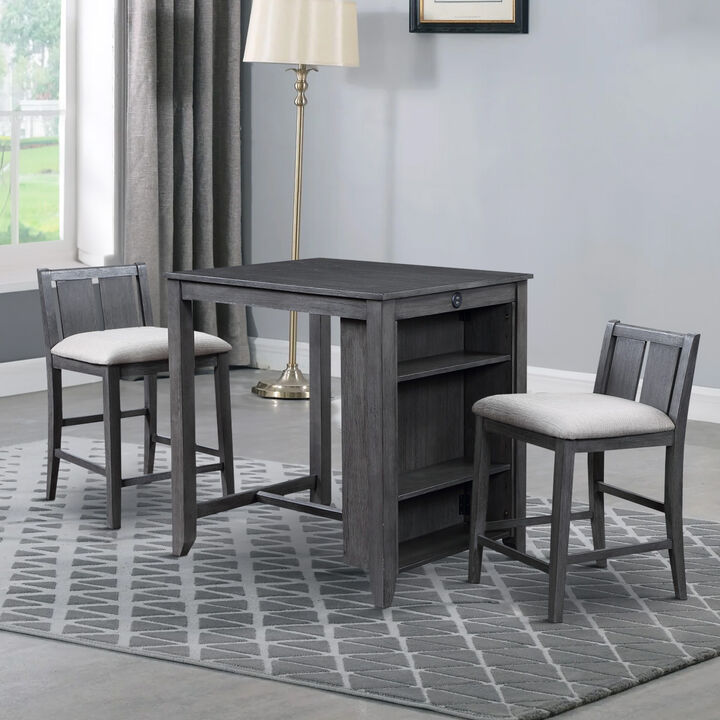 Hia 3 Piece Counter Table Set, Cushioned Seats, 2 Shelves, Smooth Gray-Benzara
