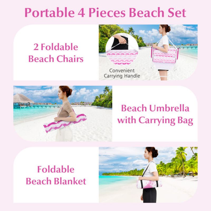4 Pieces Beach Umbrella Set with 2 Foldable Chairs and Picnic Blanket-Blue image number 8