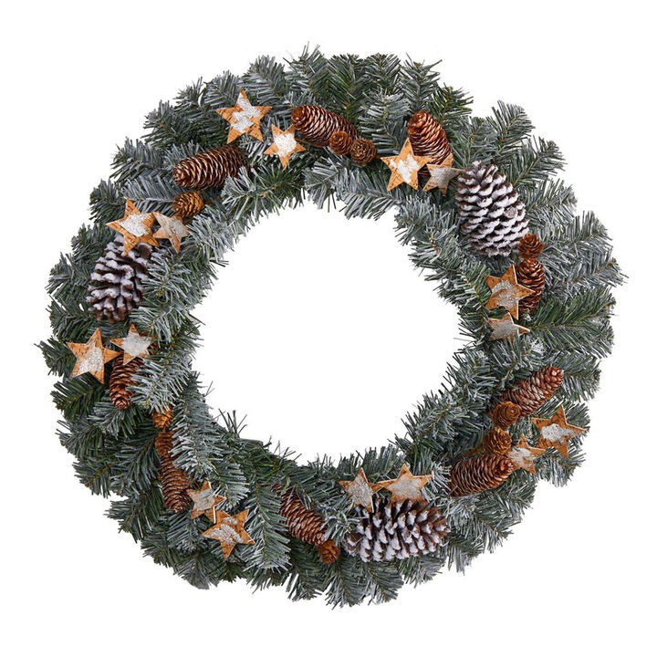Nearly Natural 24-in Christmas Winter Frosted Stars and Pinecones Holiday Wreath