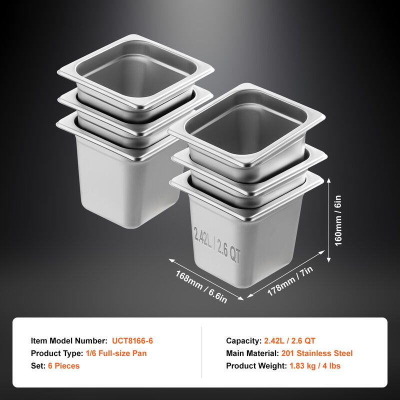 VEVOR 6 Pack 1/6 Size Hotel Pans Steam Table Pan Stainless Steel 6" Deep