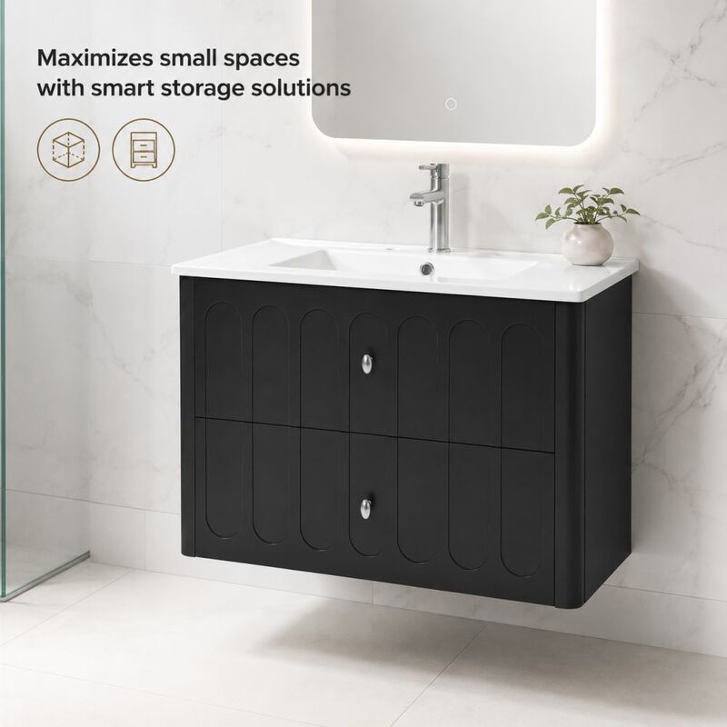ELEMENT ACE 30 Inch Modern Wall-Mounted Floating Bathroom Vanity with Ceramic Sink, Soft-Close Drawers, Round Edges, Oval Knobs Ideal for Small Compact Bathrooms image number 4