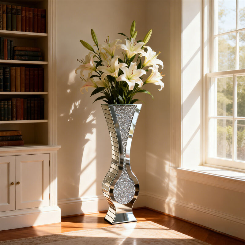 27" Tall Crystal Diamond Mirrored Floor Vase Modern Glass Decor Dry Flowers Only image number 6