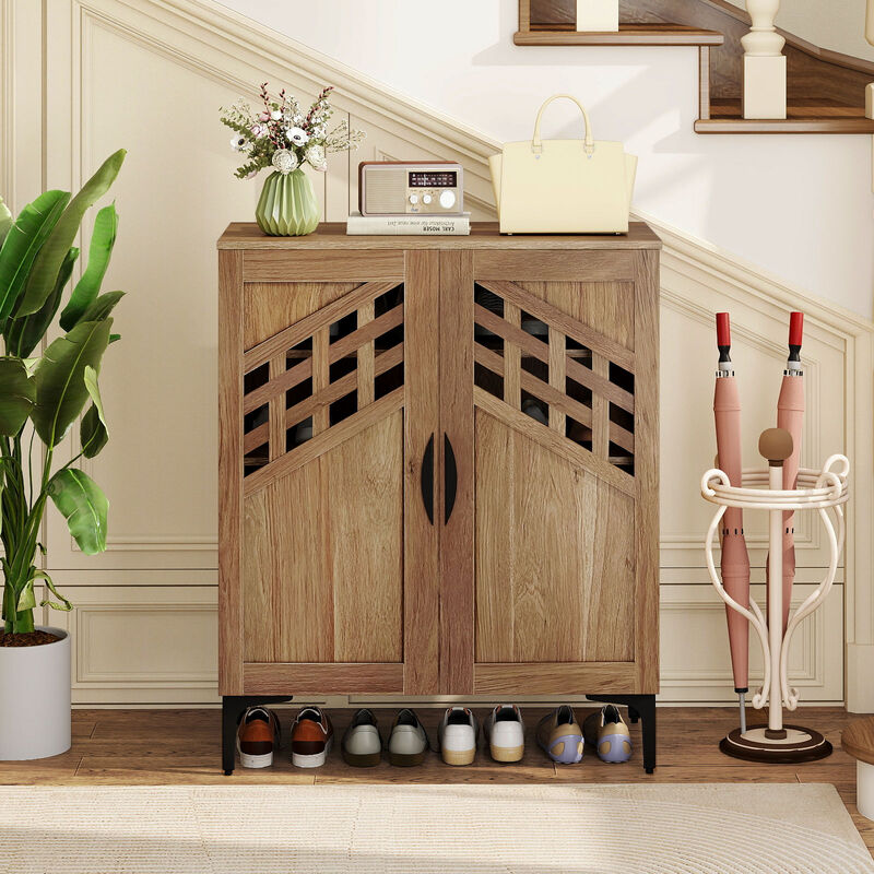 Farmhouse 4-Tier Shoe Storage Cabinet with Metal Legs and Removable Shelves - Walnut & White image number 7