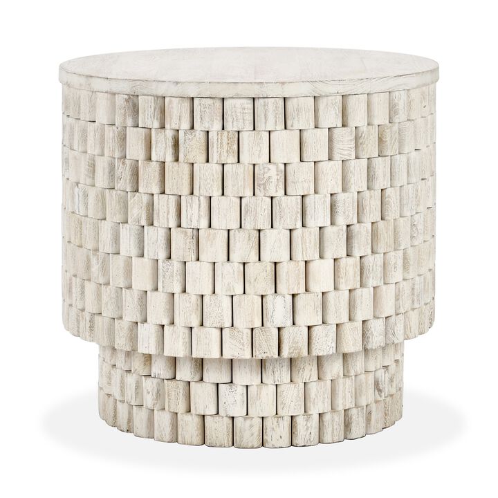 Nor 25 Inch End Table, Round, Square Check Pattern, White Solid Mango Wood - Benzara