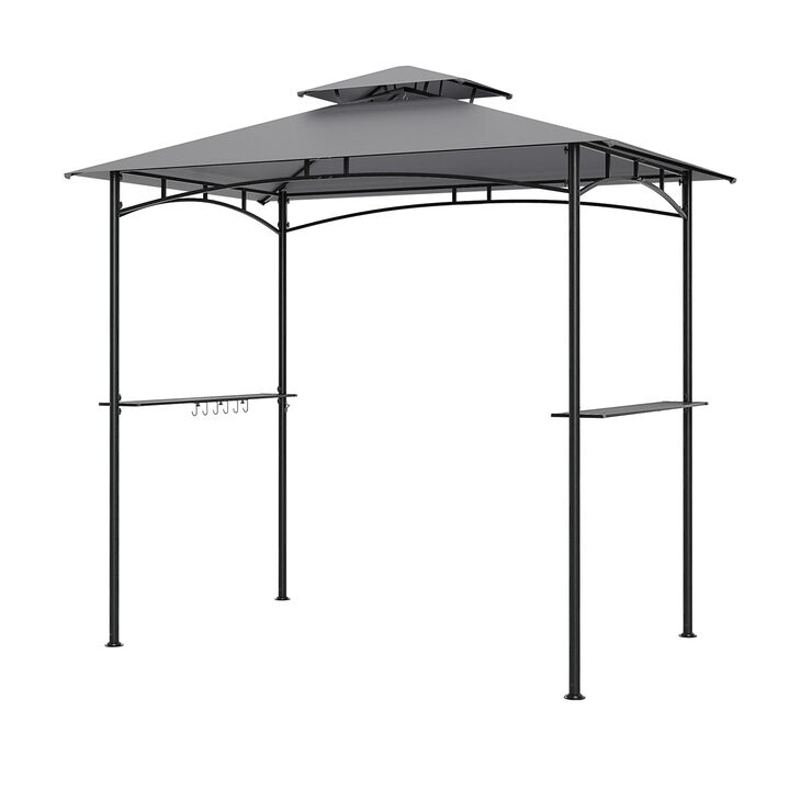 8x5 Ft BBQ Grill Gazebo with Metal Frame, 2 Shelves and 6 Hooks &ndash; Grey