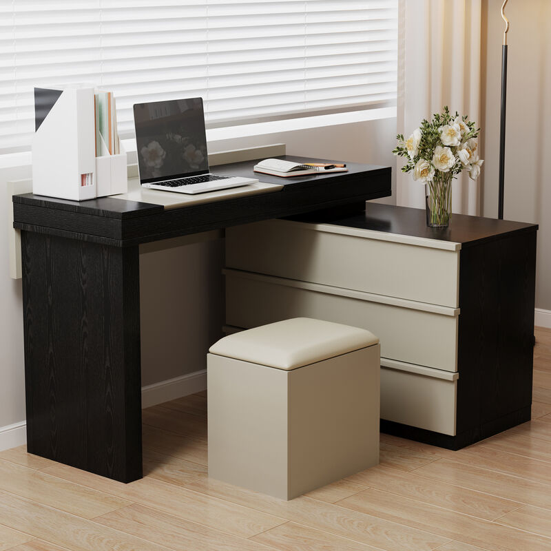 Adjustable L-Shaped Desk with Chair, 3 Drawers, Flippable Mirror & Storage Space for Writing & Vanity 47-70" Black & White
