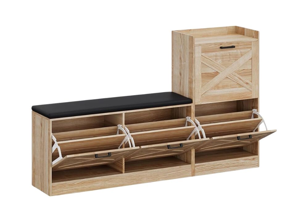 Slim Entryway Wood Shoe Storage Bench Flip Drawer 4 Drawers
