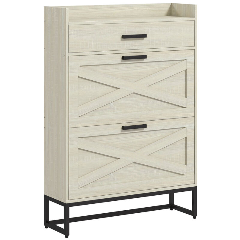 HOMCOM Narrow Shoe Cabinet with 2 Flip Doors and Top Drawer, White