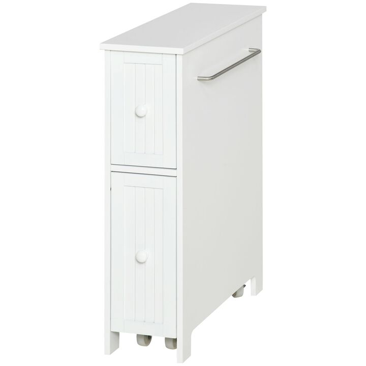 White Bathroom Storage: Slim Freestanding Cabinet with Towel Rack