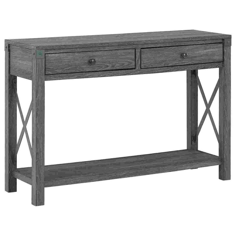 Sofa Table with X Metal Accent and 2 Drawers, Gray