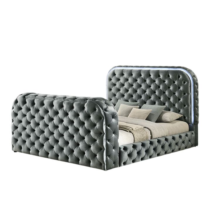 Kerie Queen Bed with LED Fireplace, Hidden Lift TV Stand, Gray Velvet - Benzara