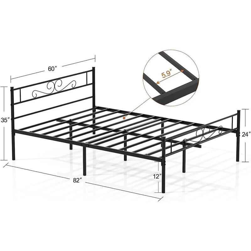 Classic Metal Platform Bed with Integrated Headboard and Footboard