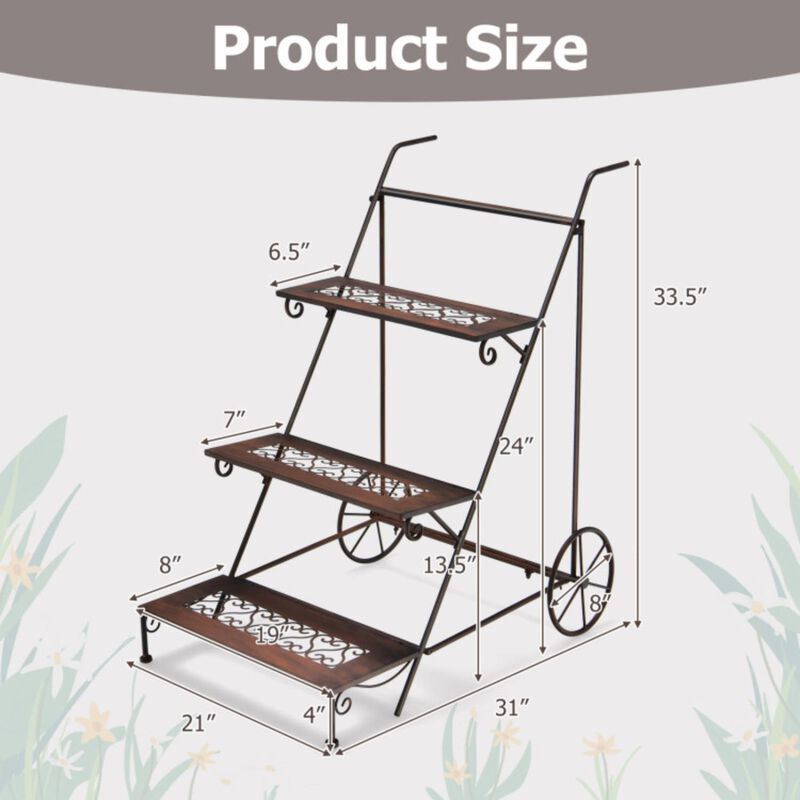 Hivvago 3-Tier Metal Plant Stand with Wheels and Handle for Balcony