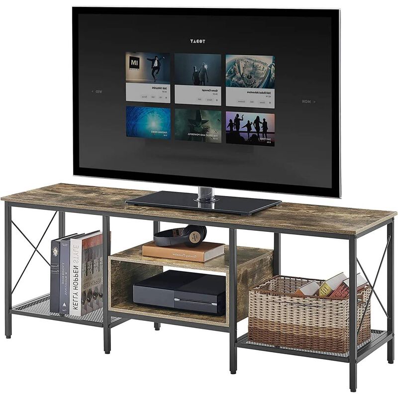 Metal and Wood Media Console Table with Open Storage Shelves