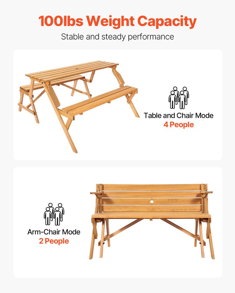 2-in-1 Wooden Picnic Table and Bench Set &ndash; Foldable Outdoor Table with Umbrella Hole