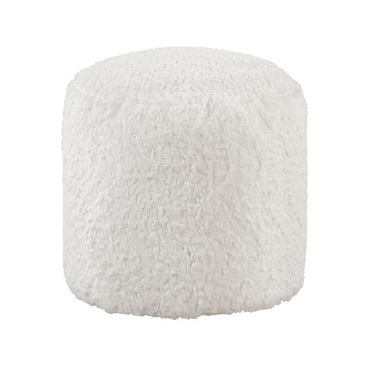 Modern Pouf Ottoman, 16 Inch Round w Fluffy Off White Faux Fur Texture