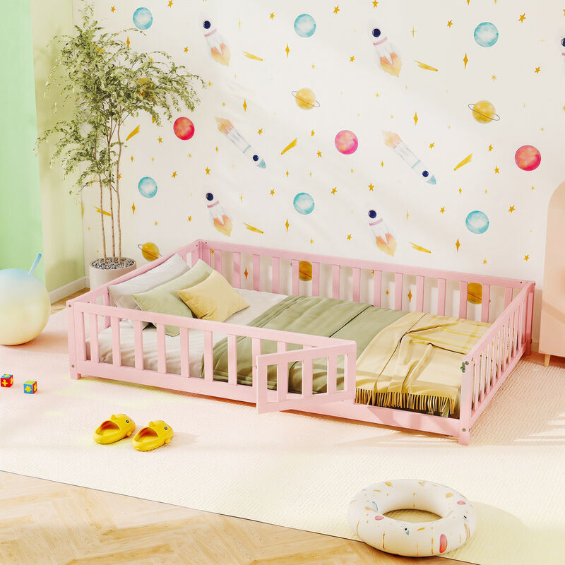Montessori Floor Bed Frame with Guardrails, Safety Door and Latch image number 5