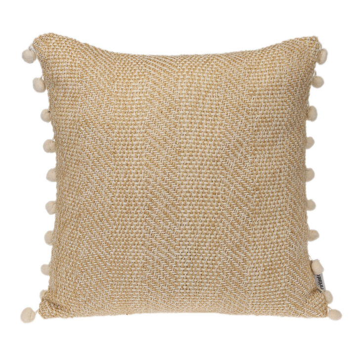 HomeRoots 18" Beige and White Weave Cotton Throw Pillow With Pom Poms