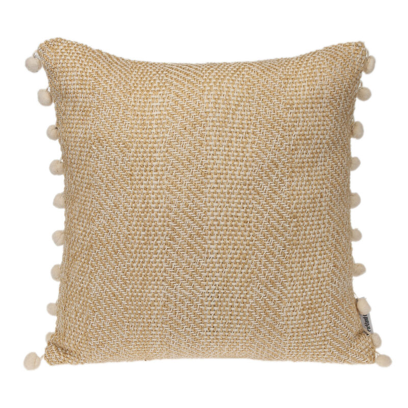 HomeRoots 18" Beige and White Weave Cotton Throw Pillow With Pom Poms image number 0