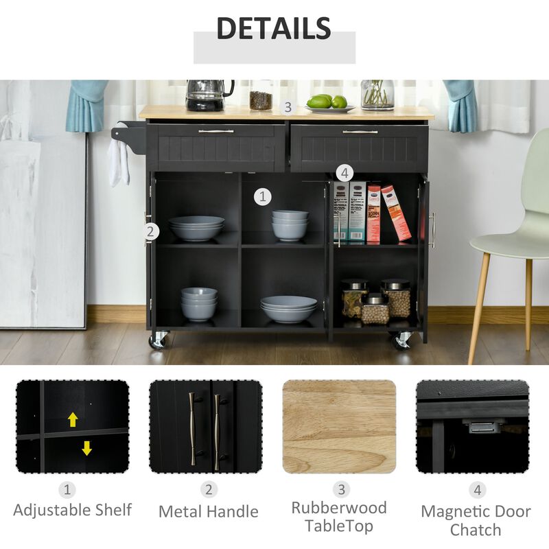 Black Mobile Kitchen: Island with Drawers and Cabinet Storage