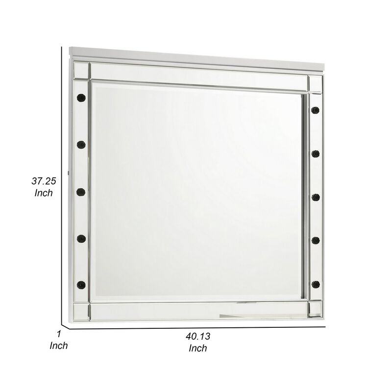 Lee 37 x 40 Vanity Mirror, 10 Light Bulb Sockets, Modern White Wood Frame - Benzara