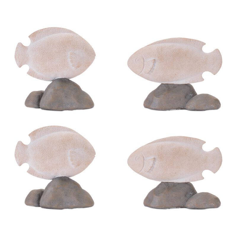 Set of 4 Fish on Rock Figurines for Shelf, Desk, or Coastal Decor