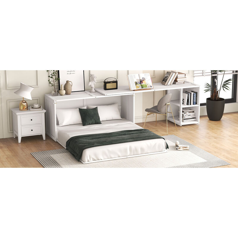 Queen Size Murphy Bed with Rotable Desk, White