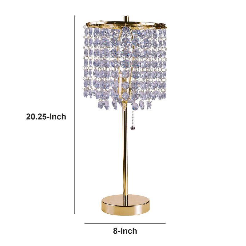 Metal Stalk Design Table Lamp with Hanging Crystals Shade, Gold-Benzara