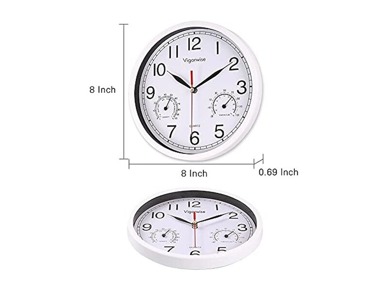 White Sweep Accurate Temperature Humidity Wall Clock 8 Inch Silent image number 3