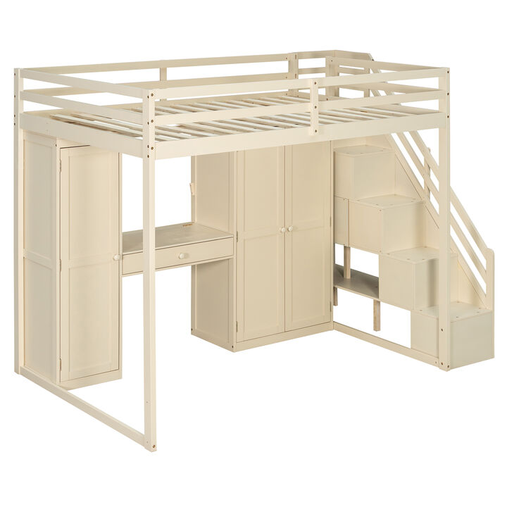 Merax Full Size Loft Bed with Staircase, Dressing Table, Wardrobe, 3-Tier Cabinet