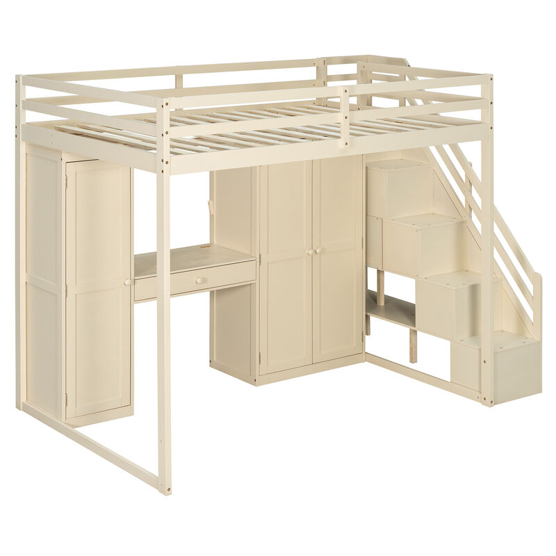 Merax Full Size Loft Bed with Staircase, Dressing Table, Wardrobe, 3-Tier Cabinet image number 0